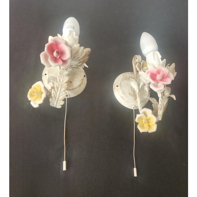 Vintage Wall Lamp with Floral Porcelain Elements, 1960s, Set of 2 For Sale - Image 6 of 18