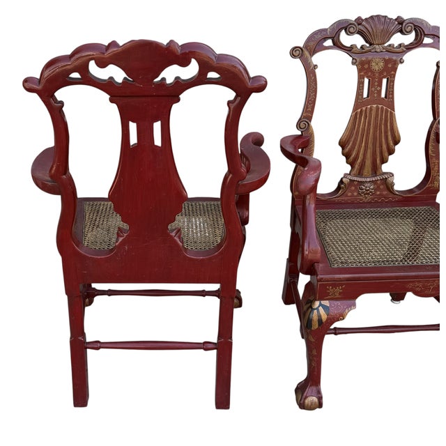 18c Style Giles Grendey Inspired Burton-Ching Red Chinoiserie Arm Chairs - A Pair For Sale - Image 4 of 4