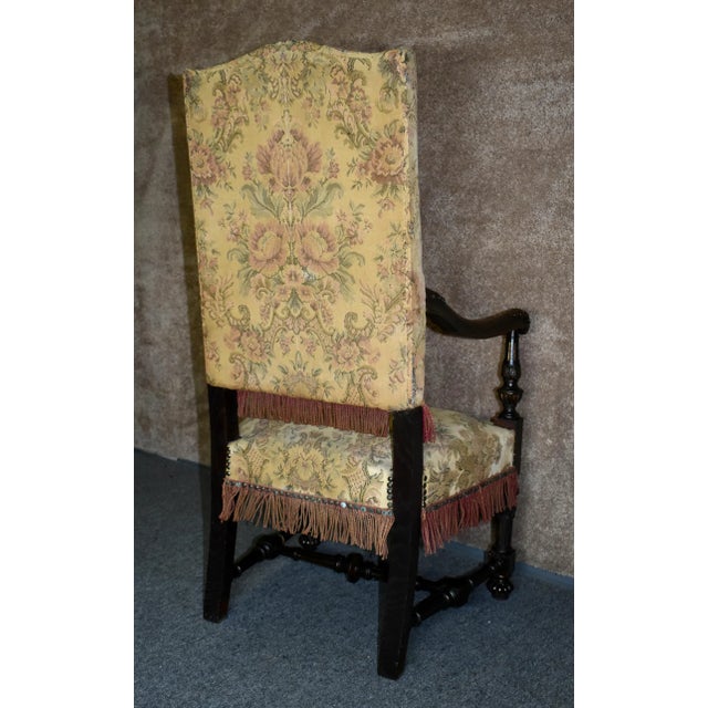 Antique Carved Oak Armchair Tudor Jacobean Style High Back Tapestry Fringe 1920s For Sale - Image 11 of 13