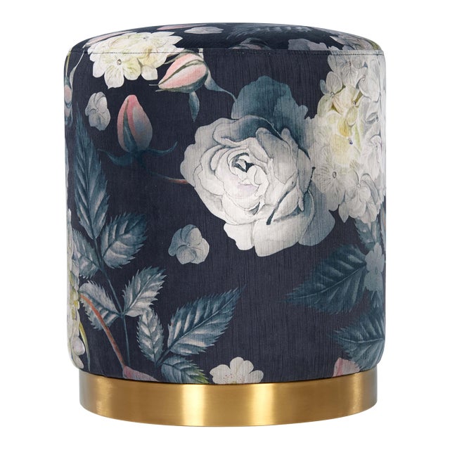 Opal Floral Velvet Ottoman with Gold Base For Sale