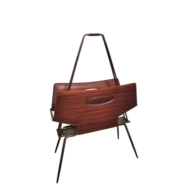 Vintage Rosewood and Brass Magazine Rack, 1950s For Sale - Image 4 of 4