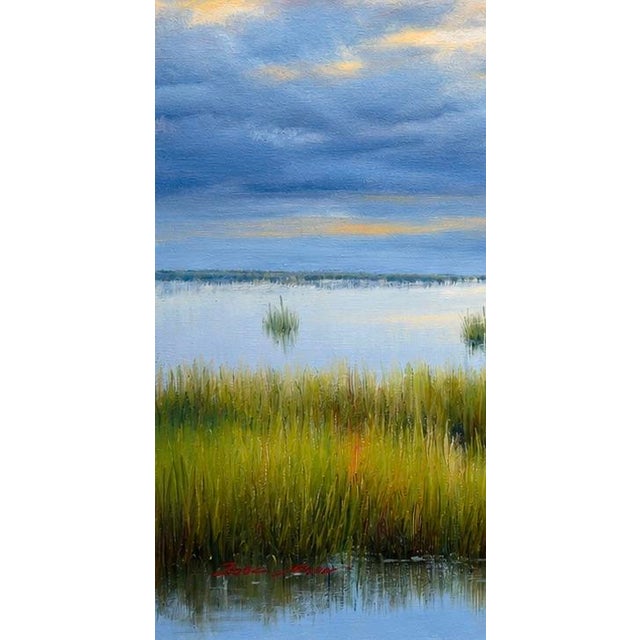Original Coastal Marsh Oil Painting, 20 X 24 Unstretched Canvas, Blue Sky Wetlands Landscape Art For Sale - Image 4 of 4