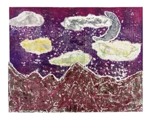 Vintage Abstract Mountain & Moon Landscape Offset Lithograph