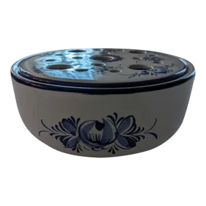 Vintage Portuguese Blue and White Ceramic Bowl With Fitted Flower Frog Lid