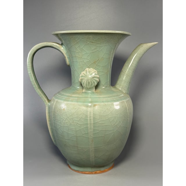 Chinese Antique Chinese Longquan Celadon Ewer, Floral‑Decorated Handle For Sale - Image 3 of 7