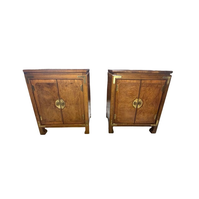 Asian Vintage Thomasville Burl Wood Asian Modern Nightstands With Brass Hardware - Pair For Sale - Image 3 of 12