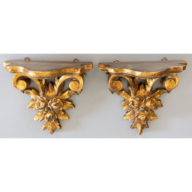 Hollywood Regency Vintage Italian Giltwood Roses Wall Brackets Shelves - a Pair For Sale - Image 3 of 8