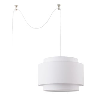 Coronado 18 Swag Lamp - Satin Nickel Steel, Double Drum White Linen Shade, Dimmable Plug-in Modern Luminaire With Cord Hooks For Sale
