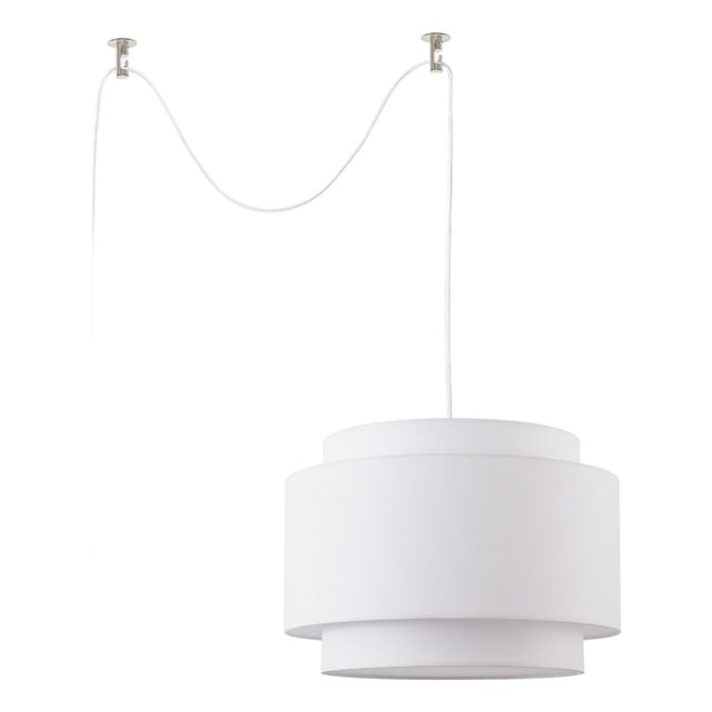 Coronado 18 Swag Lamp - Satin Nickel Steel, Double Drum White Linen Shade, Dimmable Plug-in Modern Luminaire With Cord Hooks For Sale
