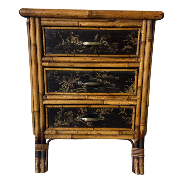 Vintage Small Bamboo Chinoiserie Decorated Nightstand For Sale