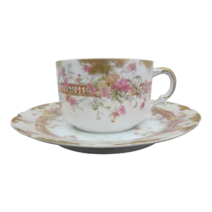 Haviland Limoges Pink & Yellow Flower Gold Trim Coffee Tea Cup & Saucer