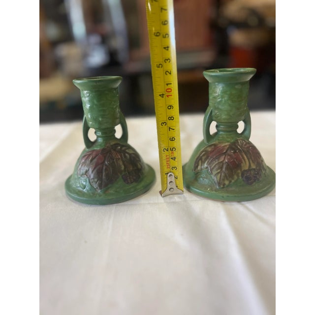 1940s Style Roseville Style Pottery Candlestick Holders - a Pair For Sale - Image 10 of 11
