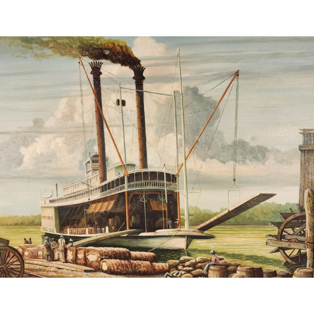 Wood Signed Lionel Kabel Oil Painting “Natchez at Rest” | Original Mississippi Steamboat Oil Painting For Sale - Image 7 of 7