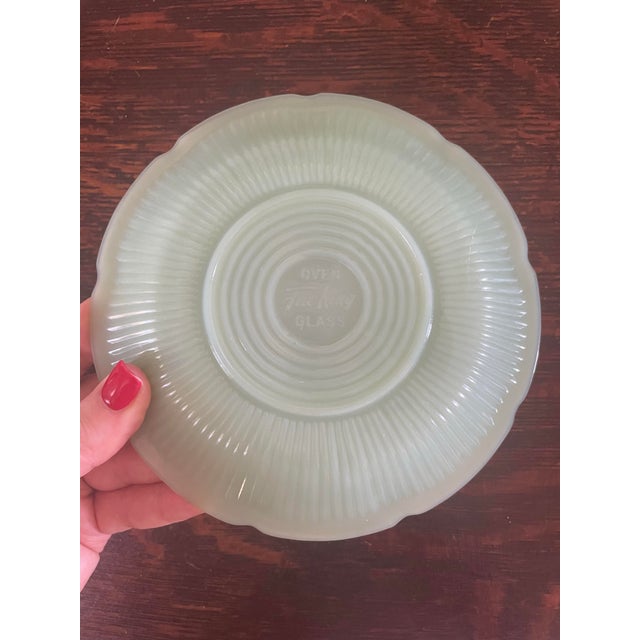 Vintage 1940’s Jadeite Pair “Alice” Floral Green Milk Glass Teacups With Plates! - 4pcs For Sale - Image 6 of 11