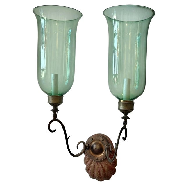 Traditional Pair of Green Glass Georgian Hurricane Sconces For Sale - Image 3 of 6