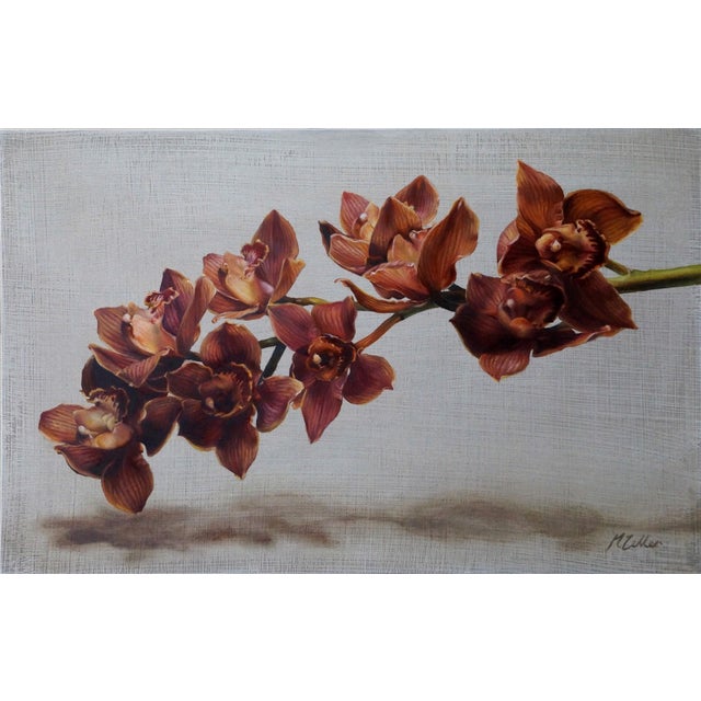 Contemporary Cymbidium Orchids II by Narelle Zeller | Oil Painting of red cymbidium orchids on a branch For Sale - Image 3 of 3