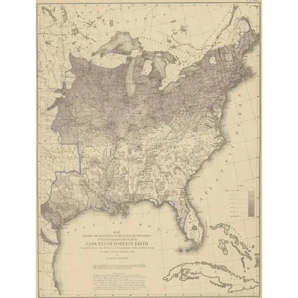 Antique chart titled 'Map showing the proportion to the aggregate population, of persons having one or both parents of...