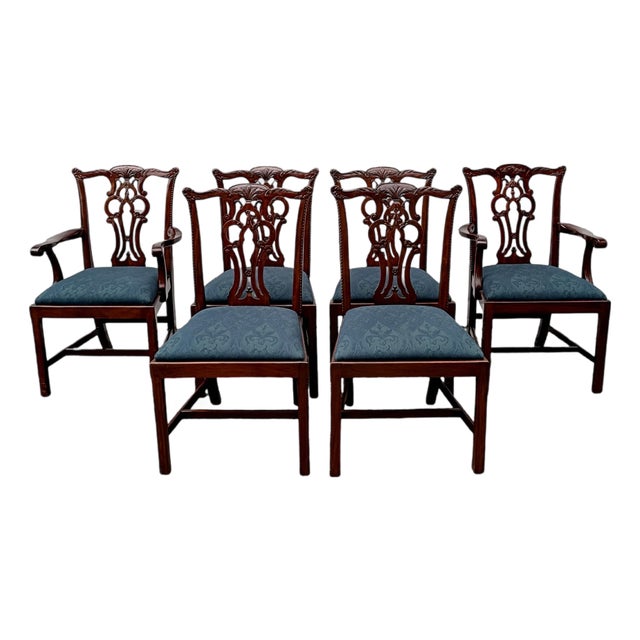 Set of 6 Vintage Maitland Smith Mahogany Chinese Chippendale Dining Chairs For Sale