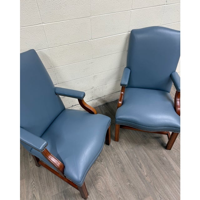 Vintage Chippendale Style Blue Leather and Nailhead Executive Armchairs - Pair For Sale In Kansas City - Image 6 of 11