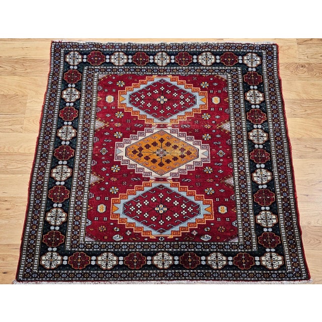 Mid 20th Century Vintage Persian Tribal Area Rug, Handwoven Geometric Pattern, Red and Blue, 4’ X 4’ For Sale - Image 5 of 12