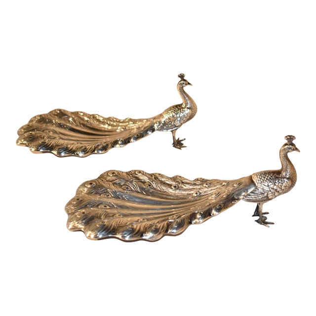 Pair of Signed Sterling Silver Peacock Dishes From Gorham, Circa 1920 For Sale