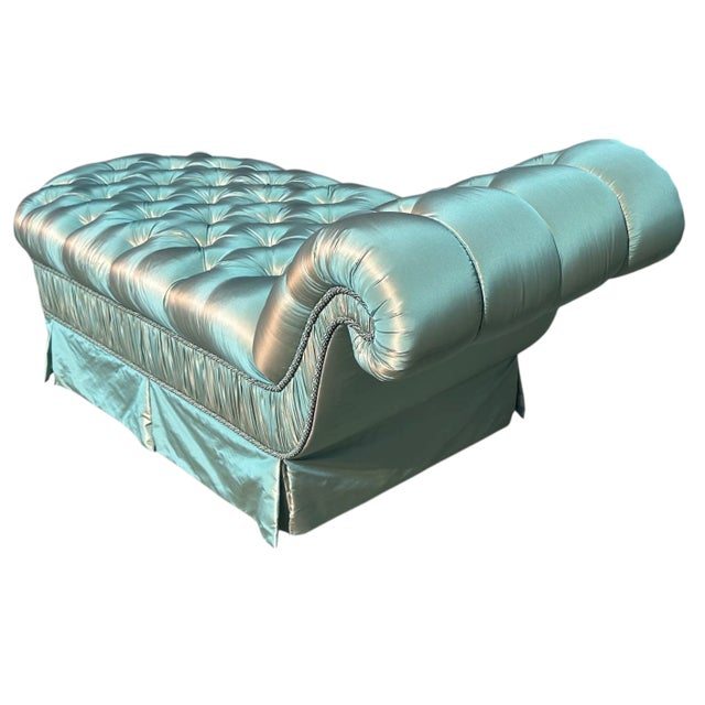 Hollywood Regency Turquoise Satin Tufted Chaise Lounge With Golg Amber Color Change. Provenance: Joanna Carson Estate