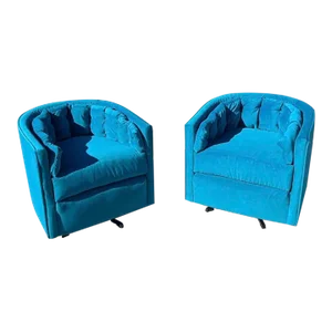 Pair of Vintage Mid Century Modern Blue Mohair Velvet Swivel Tuxedo Tufted Back Barrel Chairs, 1960s