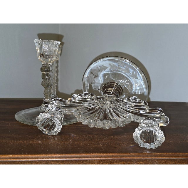 Vintage Pressed‑Glass Candlesticks With Etched Leaf Bases — Pair For Sale In Pittsburgh - Image 6 of 12