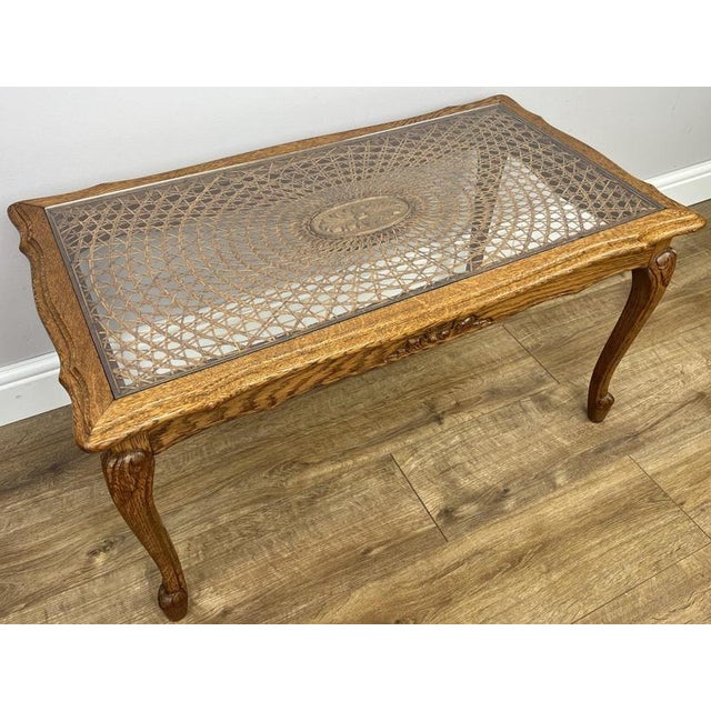 Vintage French Carved Oak Coffee Table with Glass Top For Sale - Image 5 of 14