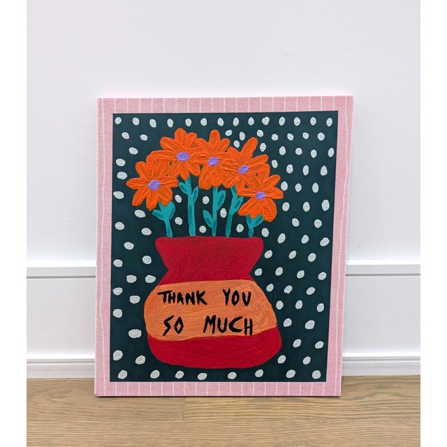 15.5" x 18.5" Acrylic on vintage textile. A colorful painting about gratitude, featuring bright orange flowers and polka...
