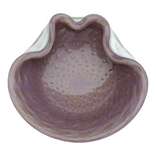 Barbini Murano Vintage White Over Purple Gold Flecks Italian Art Glass Bubbles Bowl Ashtray For Sale