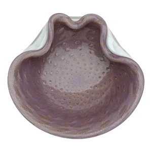 Barbini Murano Vintage White Over Purple Gold Flecks Italian Art Glass Bubbles Bowl Ashtray