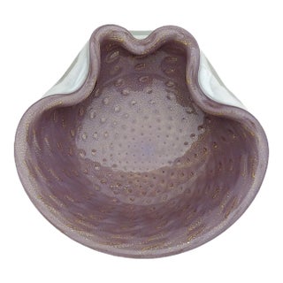 Vintage Barbini Murano White Over Purple Gold Flecks Italian Art Glass Bubbles Bowl Ashtray For Sale