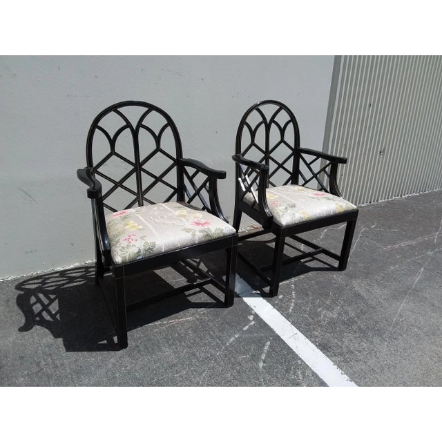 Black Lattice Work Back Black Arm Chairs - a Pair For Sale - Image 8 of 11