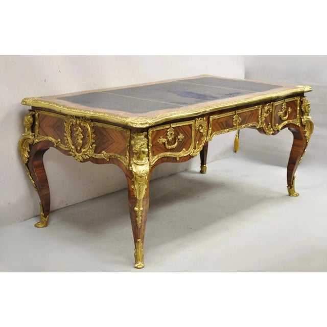 Late 20th Century French Louis XV Style Figural Bronze Ormolu Leather Top Bureau Plat Writing Desk For Sale - Image 11 of 12