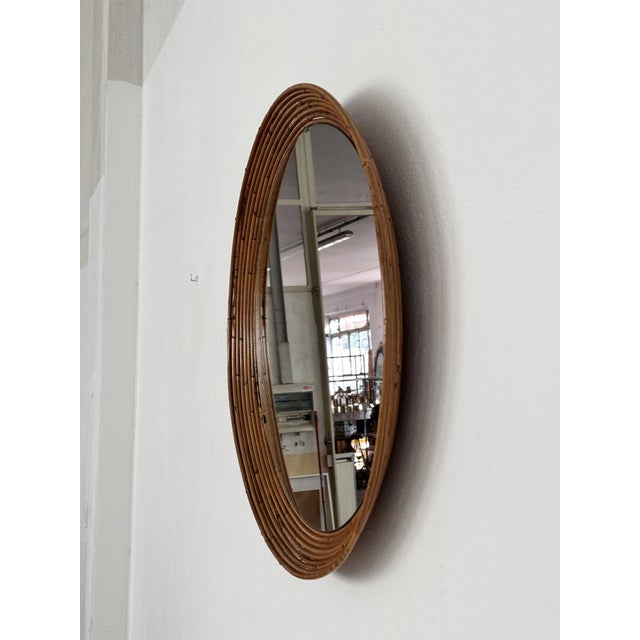 Wood Mid-Century Italian Circular Rattan Wall Mirror in the style of Vivai Del Sud, 1960s For Sale - Image 7 of 16