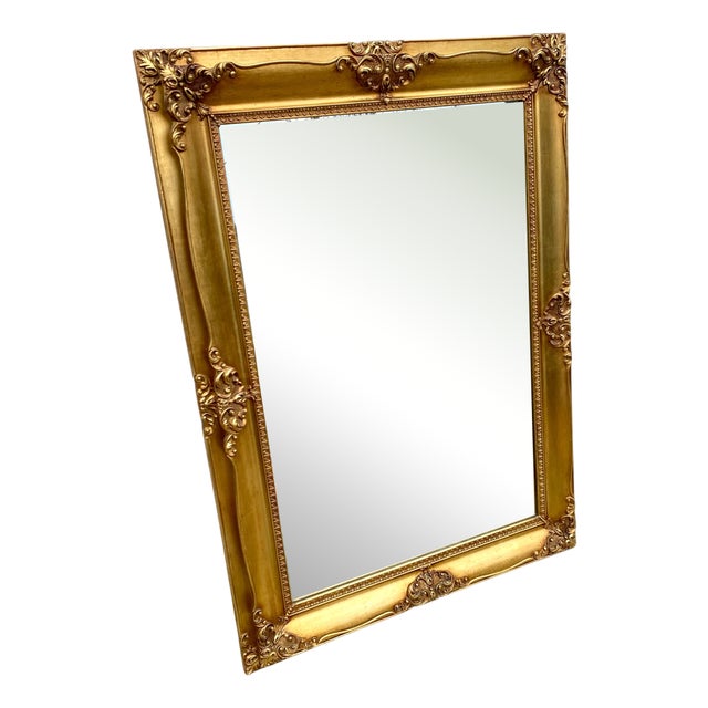 19th Century Style Gilded Wooden Beveled Mirror with Ornate Corners, 1950s For Sale