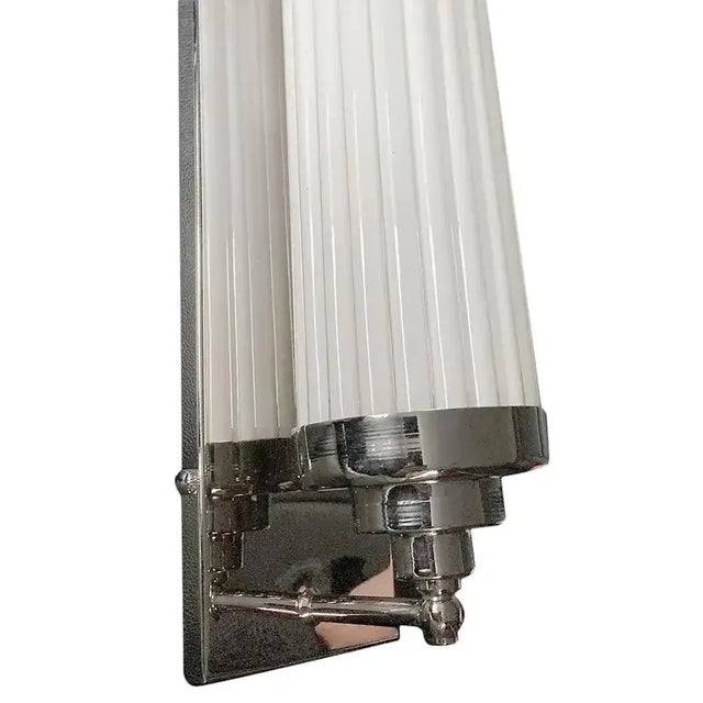 1940s Vintage Art Deco Skyscraper Wall Sconces Fixture in Nickel Brass & Milk Glass - a Pair For Sale - Image 5 of 7