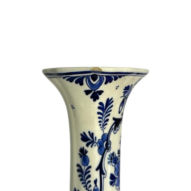 Ceramic Antique Royal Delft Hand-Painted Floral Trumpet Vases by l.g.n. Ten Dam, 1916, Set of 2 For Sale - Image 7 of 9