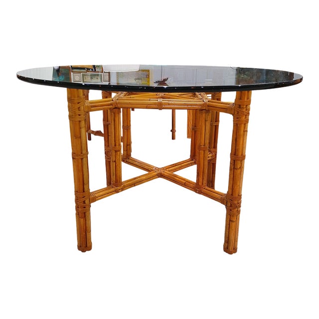 1980s McGuire Attributed Bamboo Rattan Round Dining Table, 48" Glass Top – Organic Modern Coastal For Sale