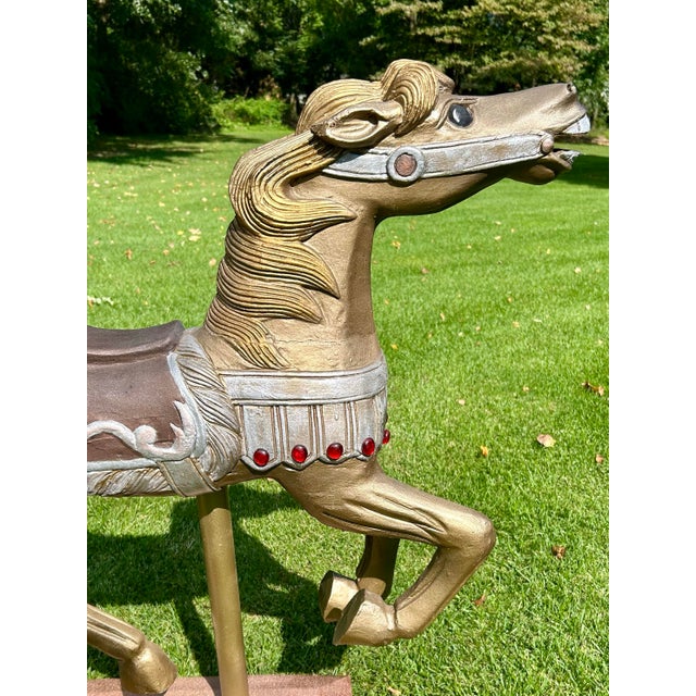 Wood Mid 20th Century Carved Wooden Carousel Horse, Painted in Metallics, With Original Wooden Base and Metal Pole For Sale - Image 7 of 12