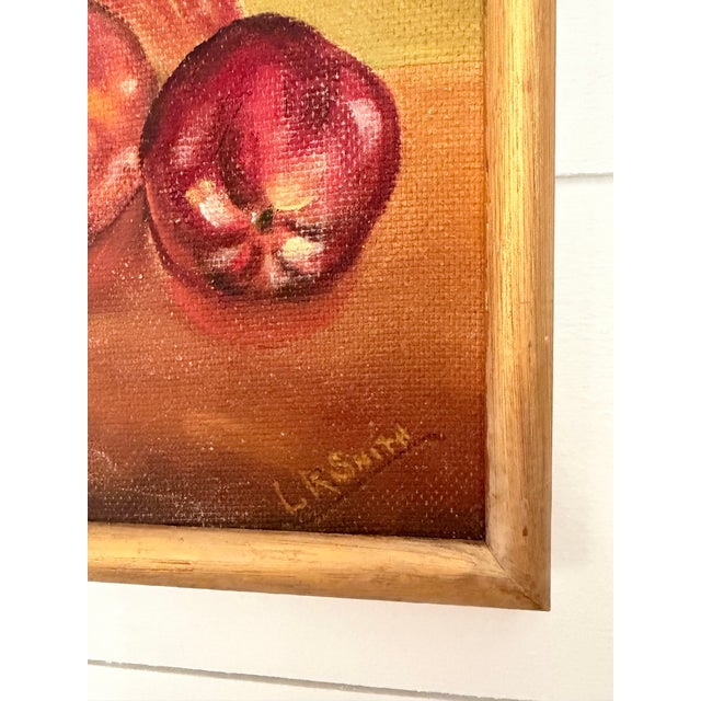 Mid-Century Modern Vintage Still-Life Painting of a Dark Green Ceramic Pitcher and Red Apples, by Artist Lr Smith For Sale - Image 3 of 9