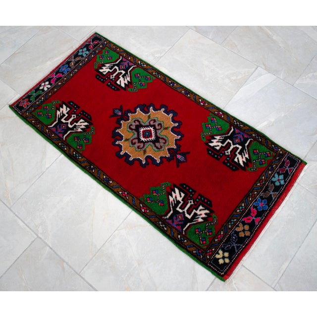 Textile 1970s Hand Made Turkish Mat Rug Small Rug Kitchen Mat Organic Wool - 1'11" X 3'10" For Sale - Image 7 of 10