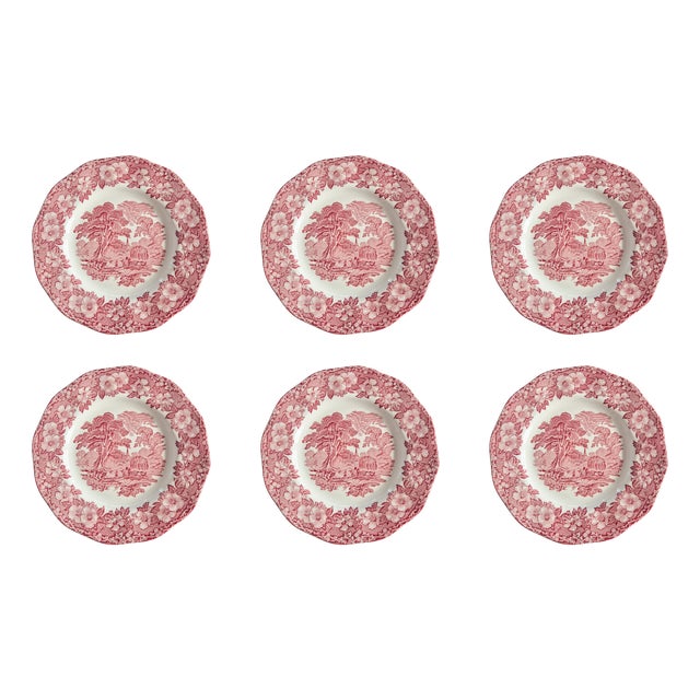 Vintage English Pink Transferware Dinner Plates by Enoch Wedgwood, 1970s, Set of 6 For Sale