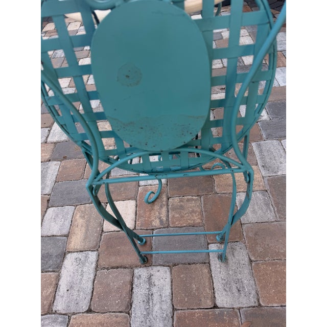 Late 20th Century Vintage Turquoise Iron Garden Bistro Set With Floral Mosaic Folding Chairs For Sale - Image 5 of 12