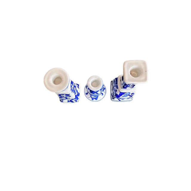 Late 20th Century Vintage Silvestri Blue and White Ceramic Candlestick Holders- Set of 3 For Sale - Image 5 of 11
