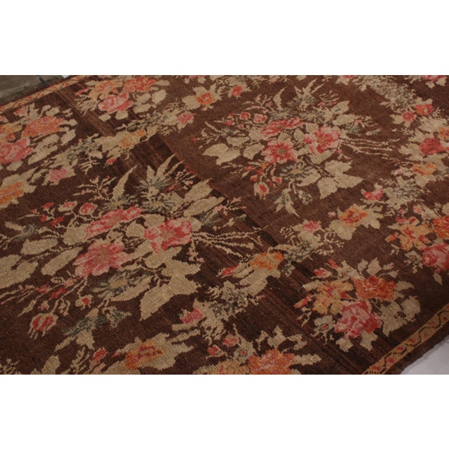 Traditional 1950s Hand-Knotted Mid-Century Vintage Bessarabian Rug in Brown and Green Floral Pattern For Sale - Image 3 of 6