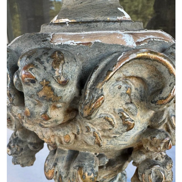 Pair of Antique 18th Century Parcel Paint and Gilt Wood Candlesticks 40 Inches For Sale - Image 11 of 12