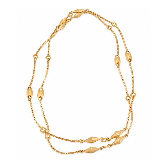 Vintage 18k Yellow Gold Long Geometric Puffed Pebble Station Link Chain ...