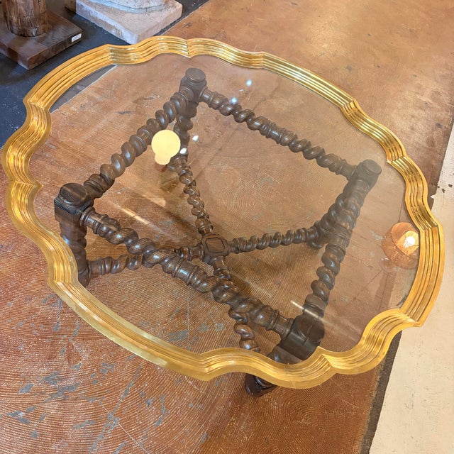 Wood Baker Attributed Regency-Style Coffee Table Features a Distinctive Scalloped Brass Tray Top and a Barley Twist Oak Base For Sale - Image 7 of 12